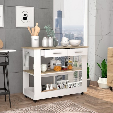 Tuhome Cala Kitchen Island 46, Six Casters, Two Drawers, Lower Open Shelf, White/Light Oak ABD5778